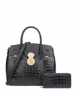 2IN1 Crocodile Accented Satchel Handbag With Wallet CY-8921W BLACK